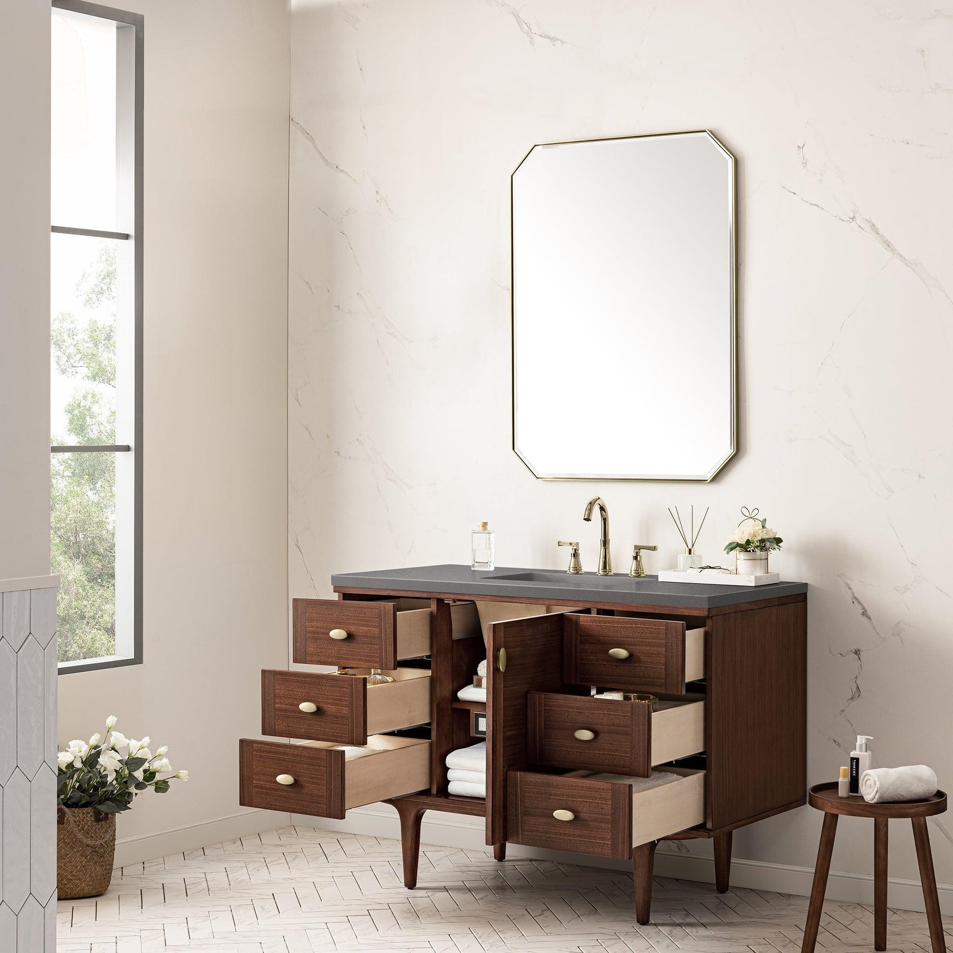 James Martin Vanities Amberly 48" Mid-Century Walnut Single Vanity With 3cm Grey Expo Top