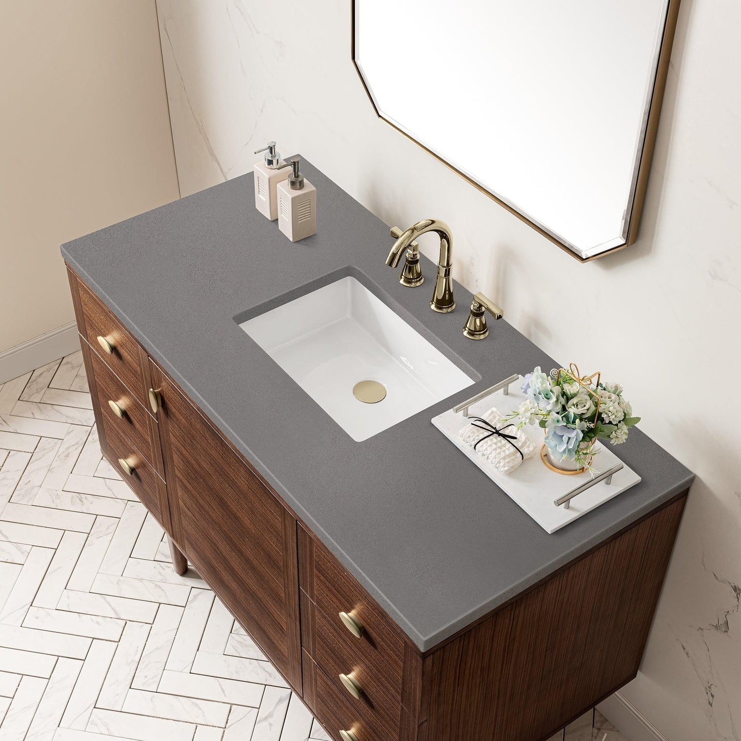 James Martin Vanities Amberly 48" Mid-Century Walnut Single Vanity With 3cm Grey Expo Top