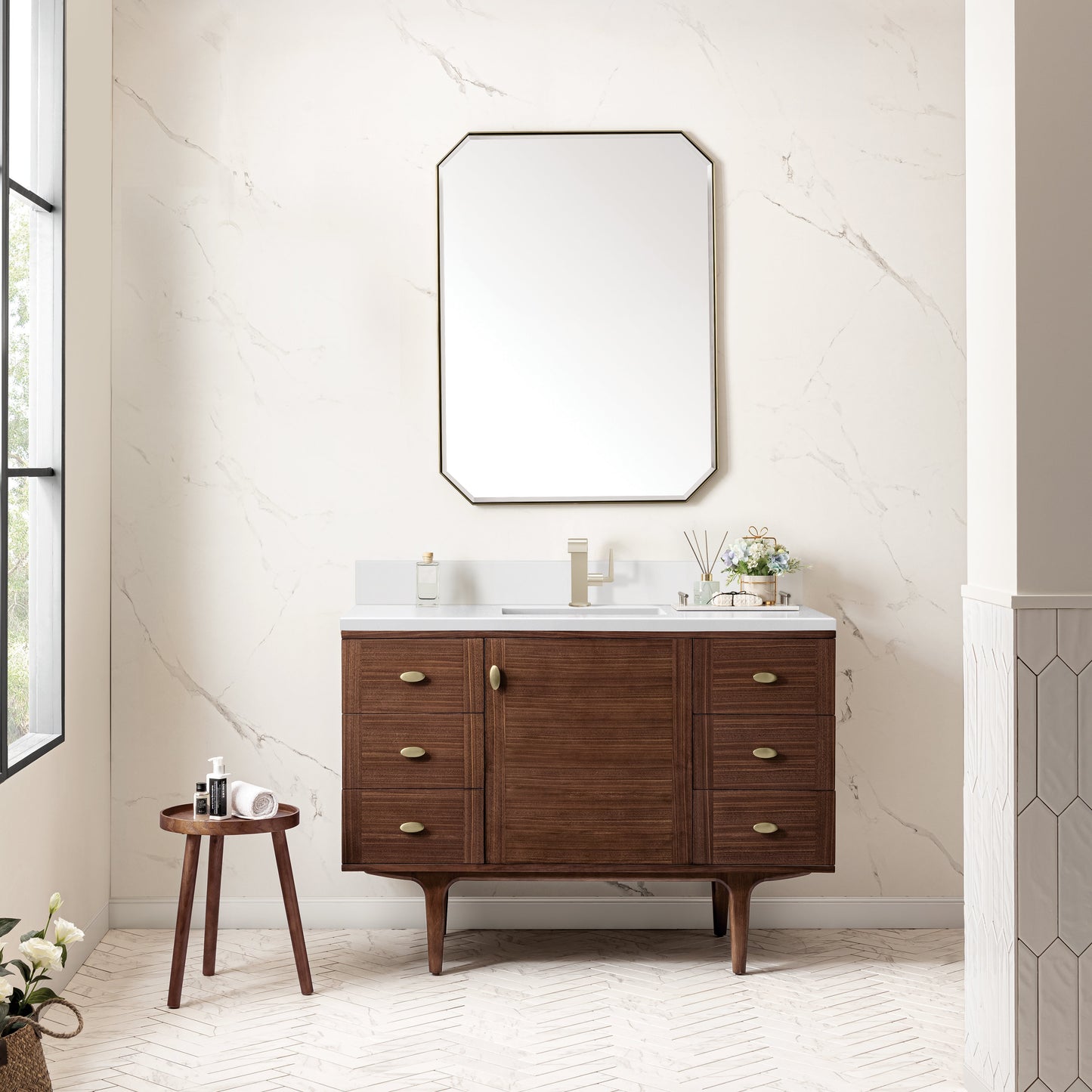 James Martin Vanities Amberly 48" Mid-Century Walnut Single Vanity With Single Hole 3 cm White Zeus Top & Backsplash