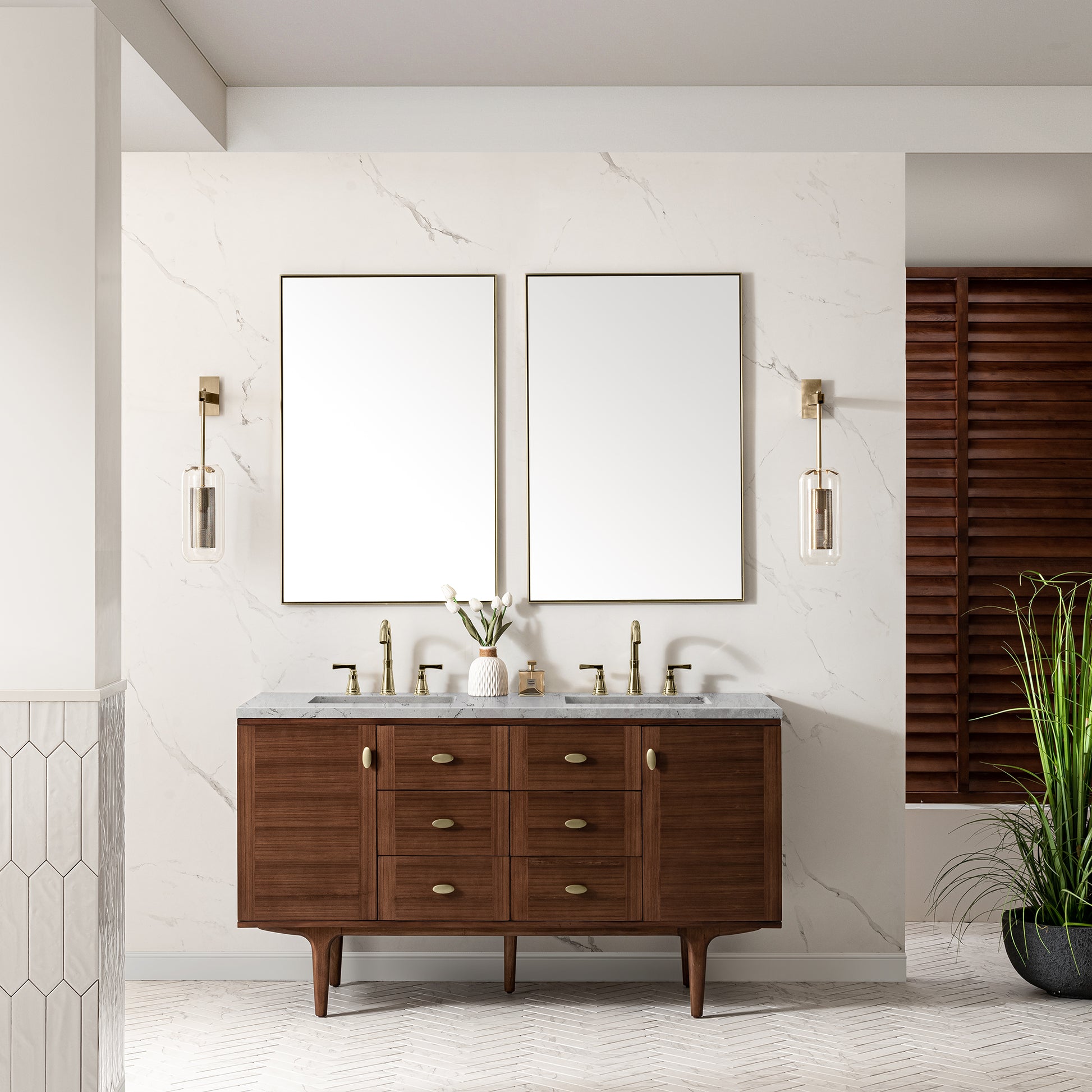 James Martin Vanities Amberly 60" Mid-Century Walnut Double Vanity With 3 cm Eternal Jasmine Pearl Top and FreePower Wireless Charger