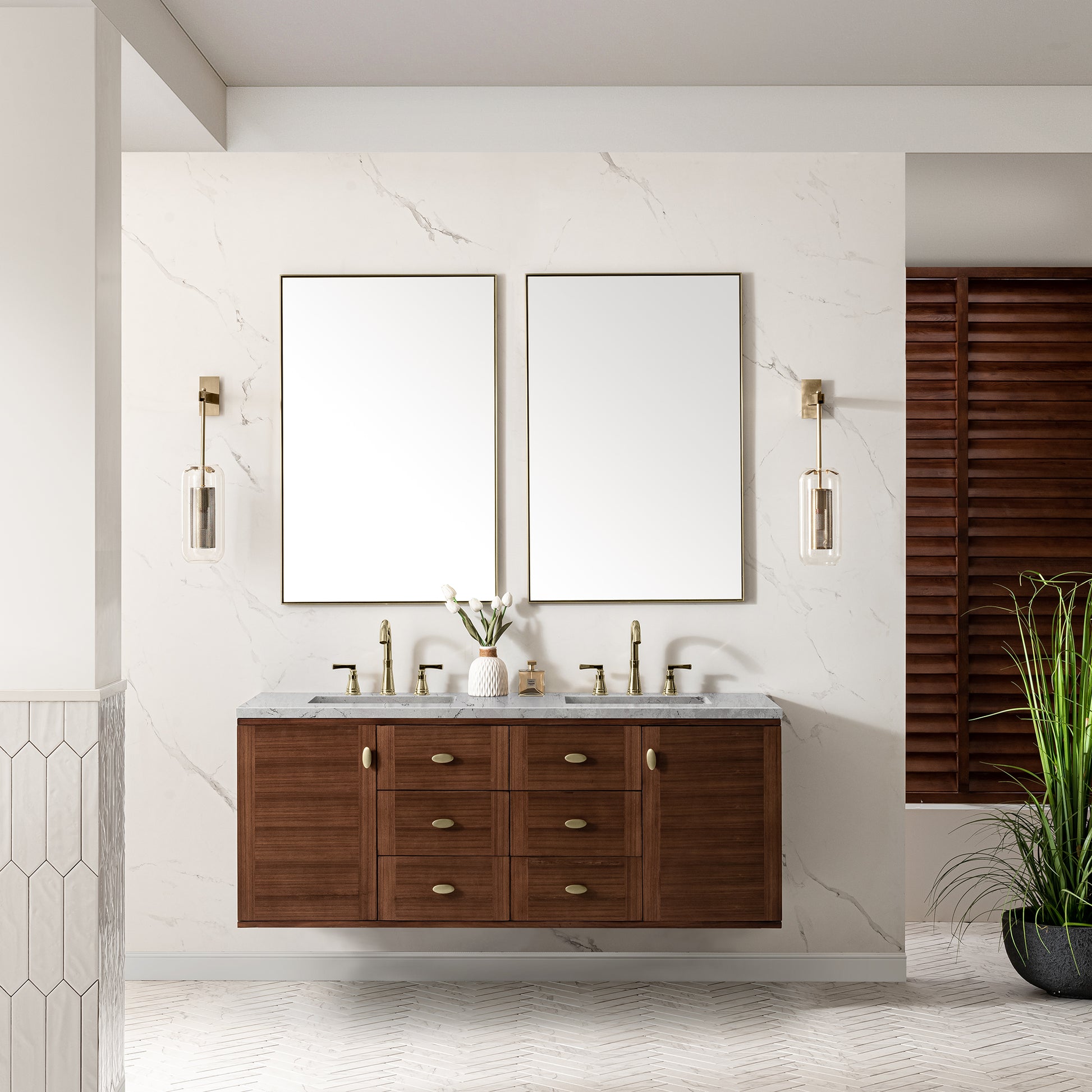 James Martin Vanities Amberly 60" Mid-Century Walnut Double Vanity With 3 cm Eternal Jasmine Pearl Top and FreePower Wireless Charger