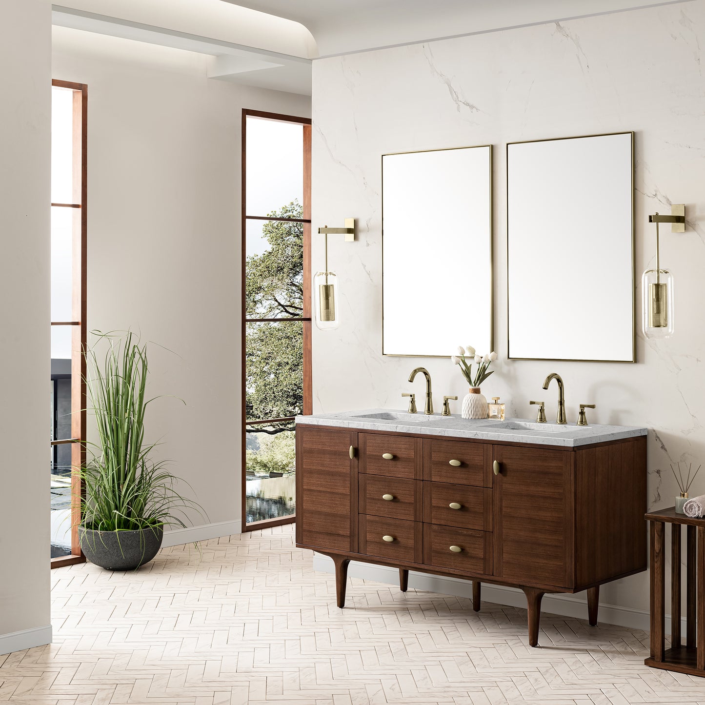 James Martin Vanities Amberly 60" Mid-Century Walnut Double Vanity With 3 cm Eternal Jasmine Pearl Top and FreePower Wireless Charger