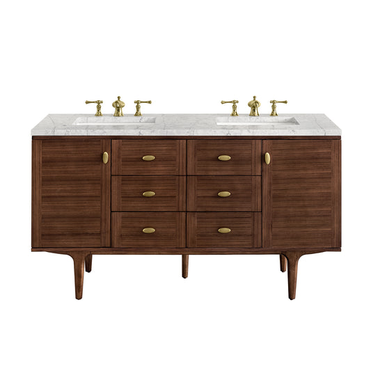 James Martin Vanities Amberly 60" Mid-Century Walnut Double Vanity With 3 cm Eternal Jasmine Pearl Top and FreePower Wireless Charger