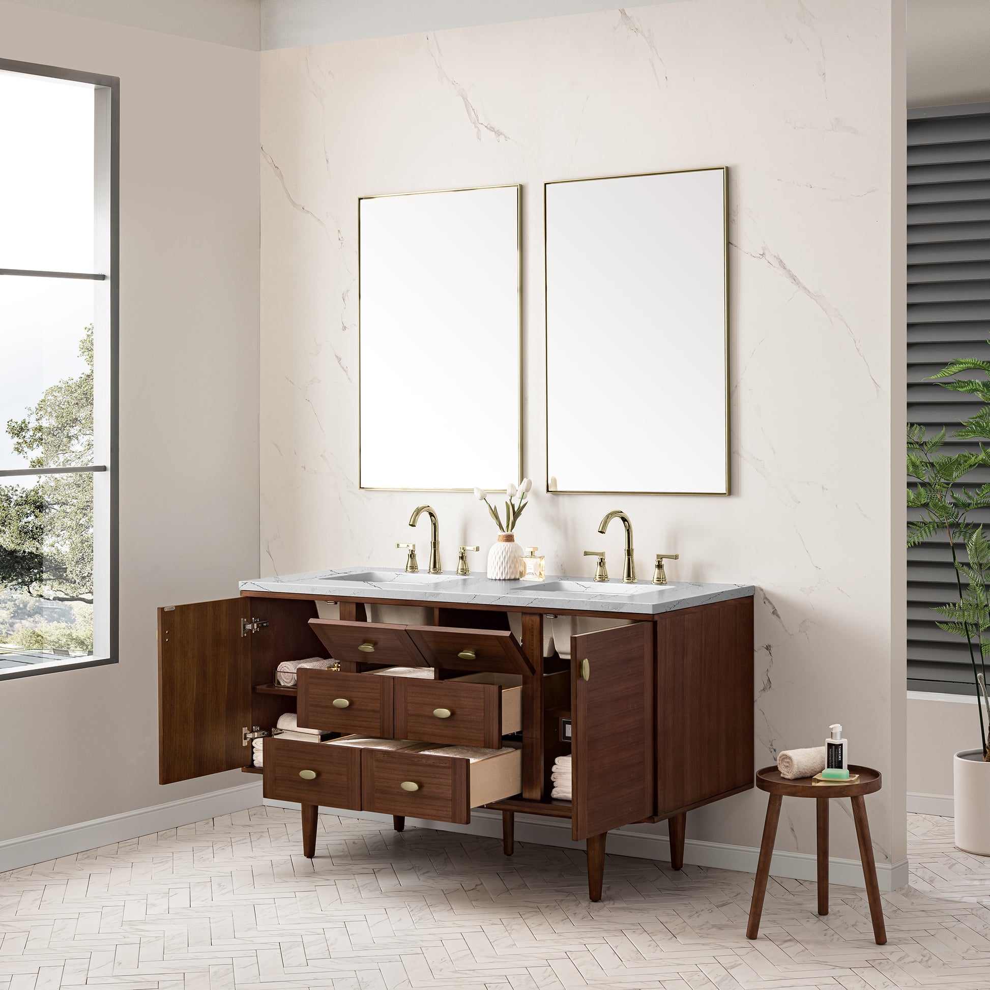 James Martin Vanities Amberly 60" Mid-Century Walnut Double Vanity With 3 cm Ethereal Noctis Top and FreePower Wireless Charger