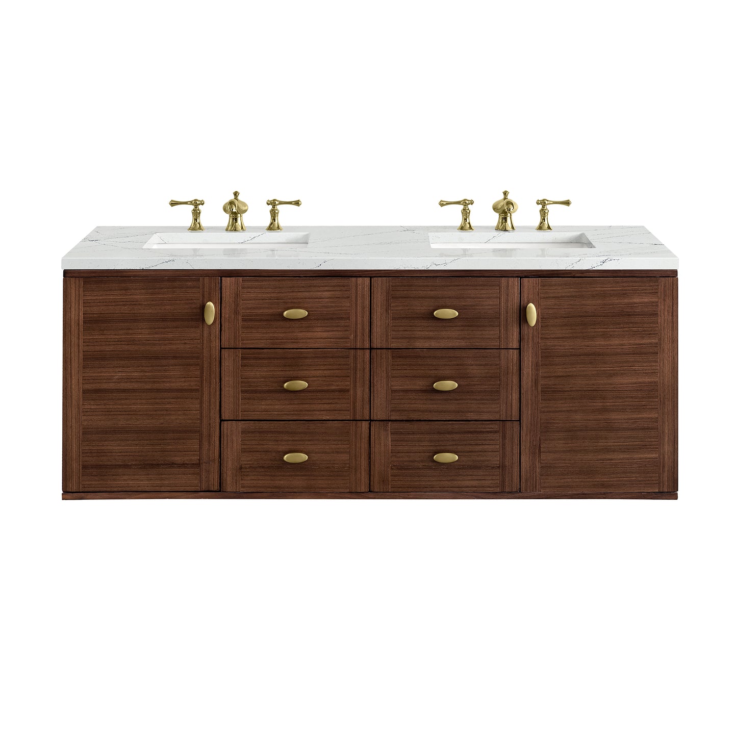 James Martin Vanities Amberly 60" Mid-Century Walnut Double Vanity With 3 cm Ethereal Noctis Top and FreePower Wireless Charger
