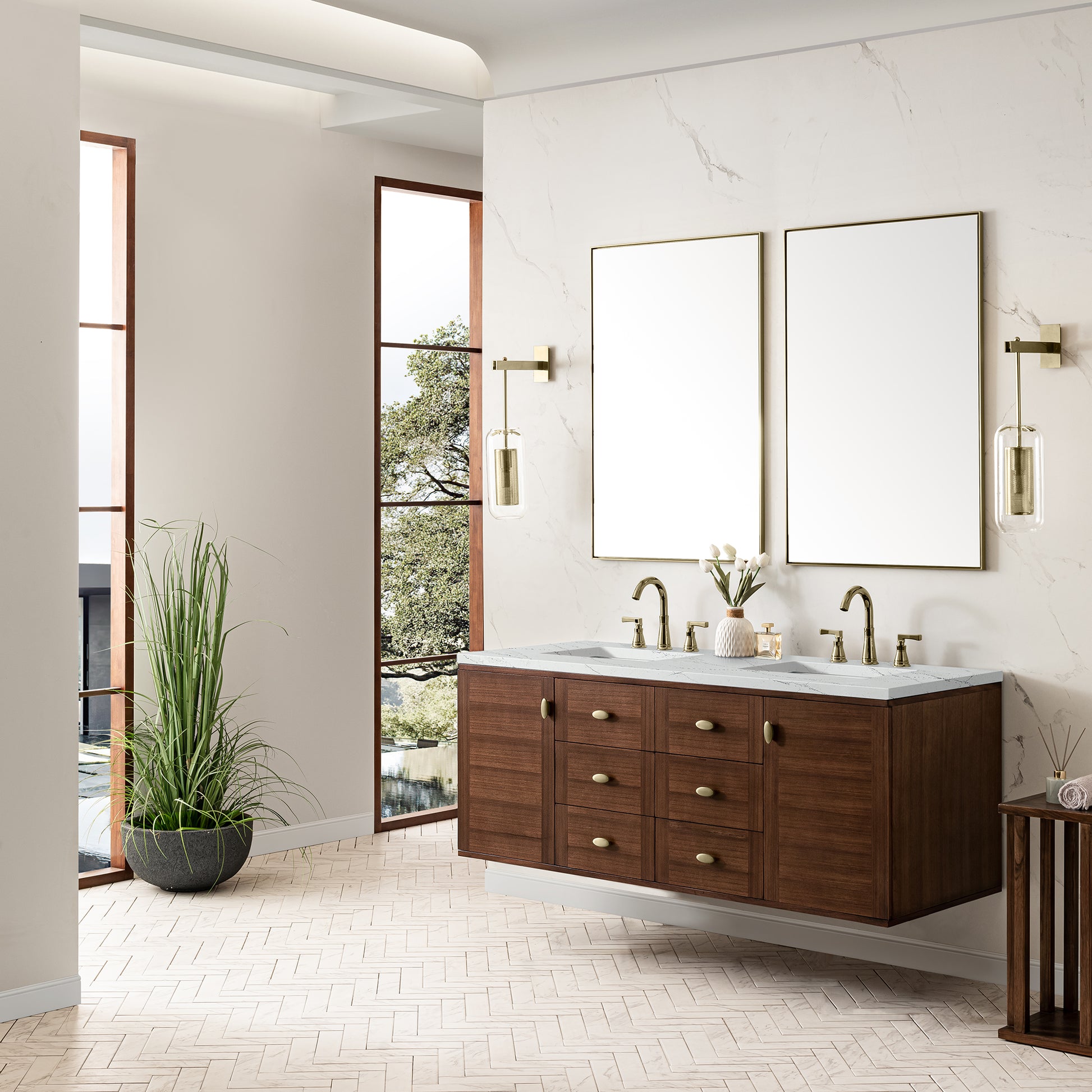 James Martin Vanities Amberly 60" Mid-Century Walnut Double Vanity With 3 cm Ethereal Noctis Top and FreePower Wireless Charger