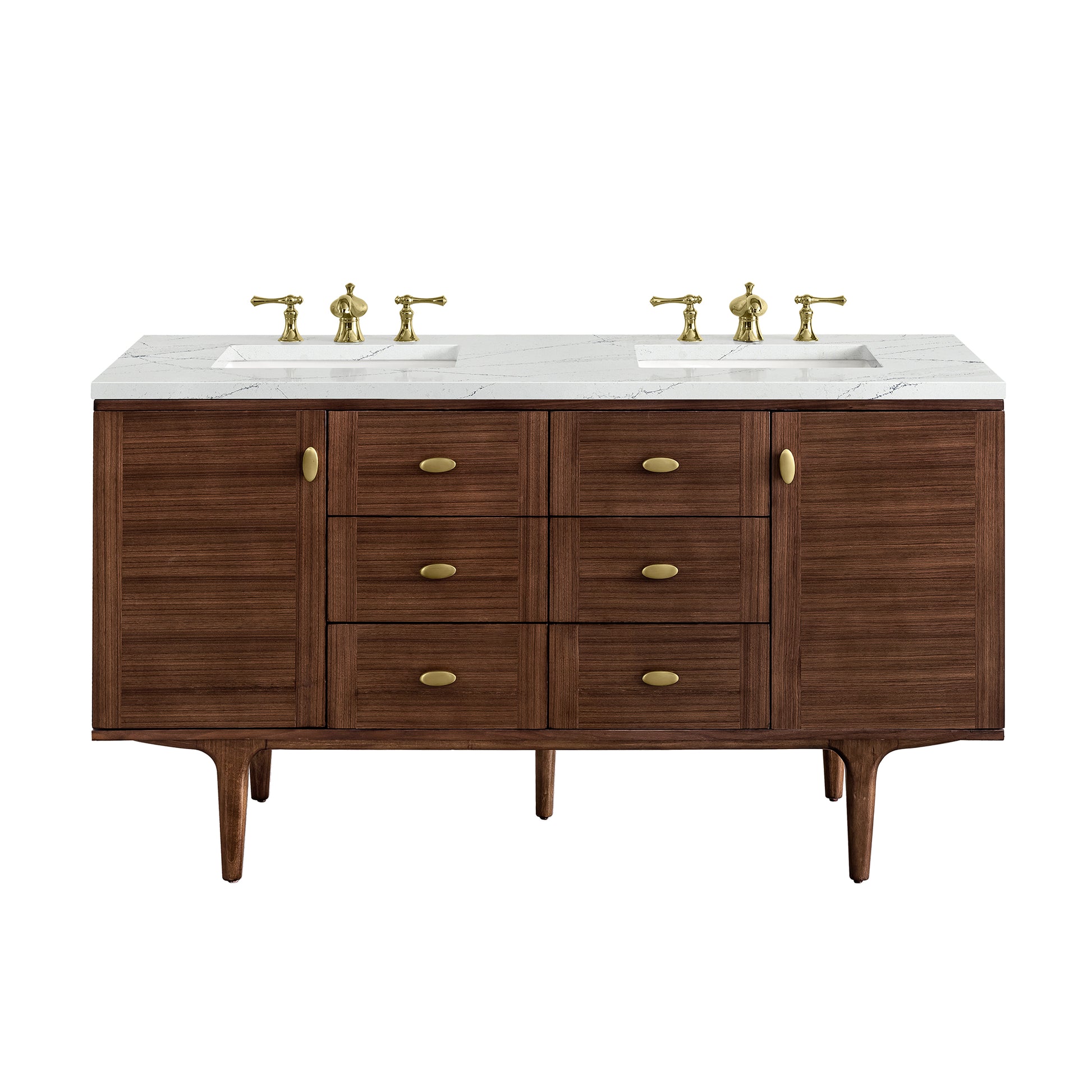 James Martin Vanities Amberly 60" Mid-Century Walnut Double Vanity With 3 cm Ethereal Noctis Top and FreePower Wireless Charger