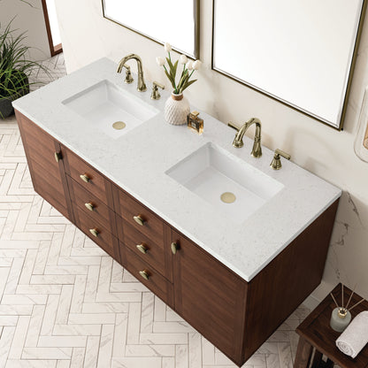 James Martin Vanities Amberly 60" Mid-Century Walnut Double Vanity With 3 cm Lime Delight Top