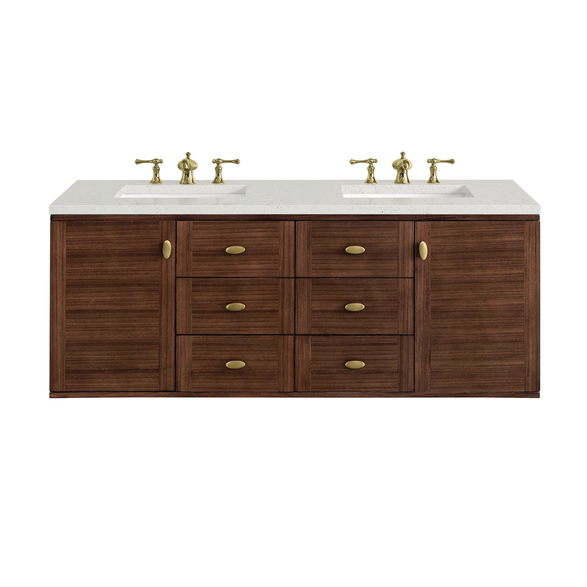 James Martin Vanities Amberly 60" Mid-Century Walnut Double Vanity With 3 cm Lime Delight Top