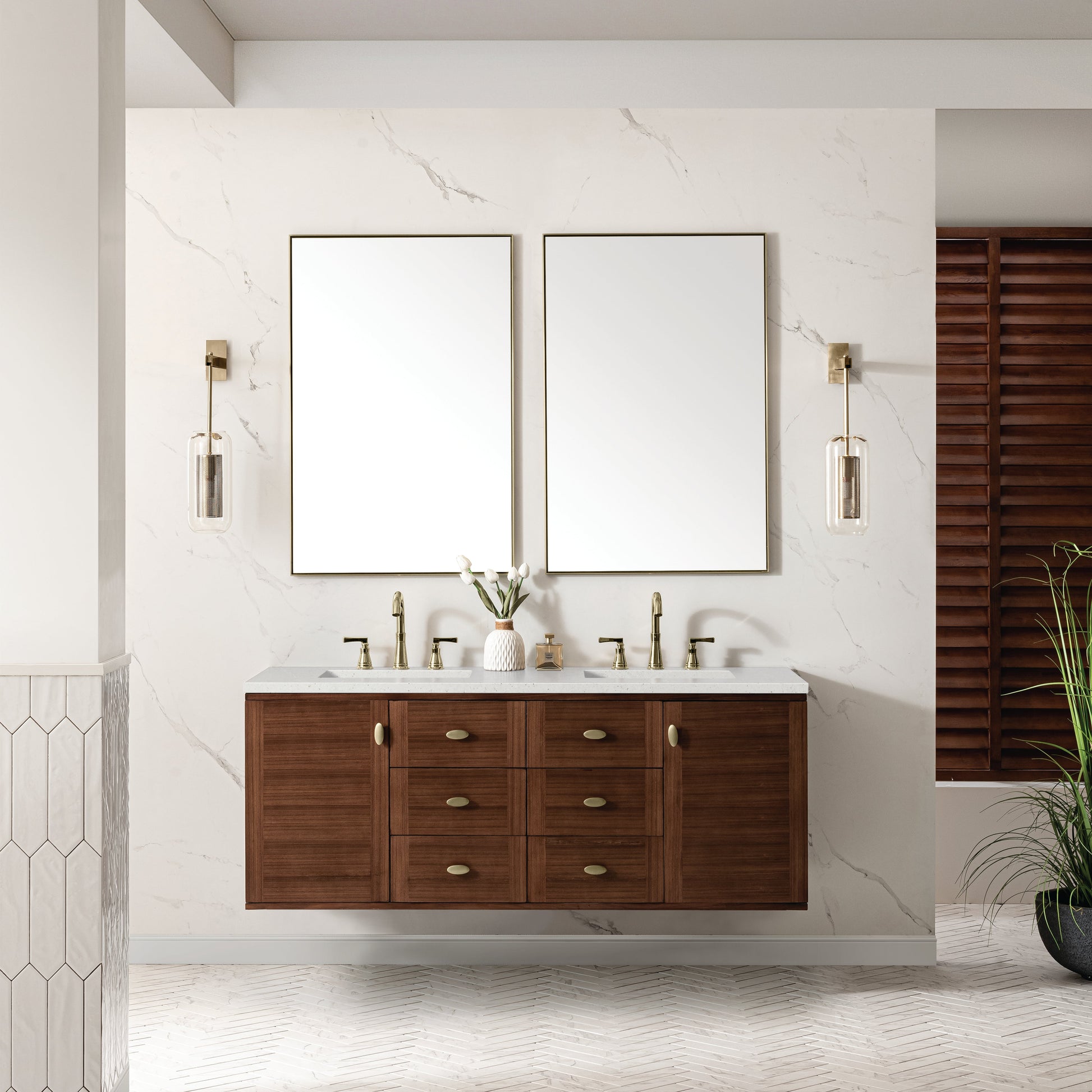 James Martin Vanities Amberly 60" Mid-Century Walnut Double Vanity With 3 cm Lime Delight Top