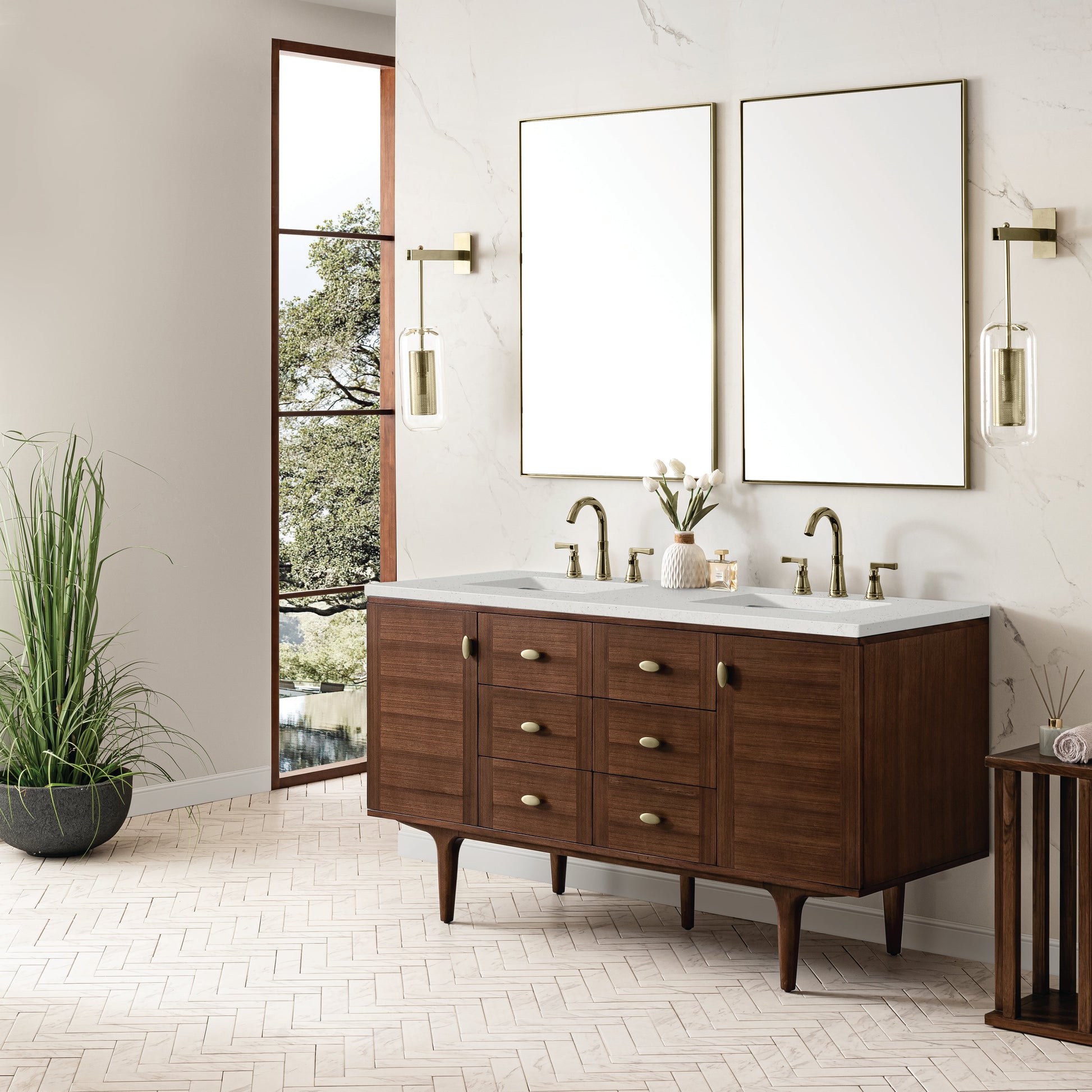 James Martin Vanities Amberly 60" Mid-Century Walnut Double Vanity With 3 cm Lime Delight Top