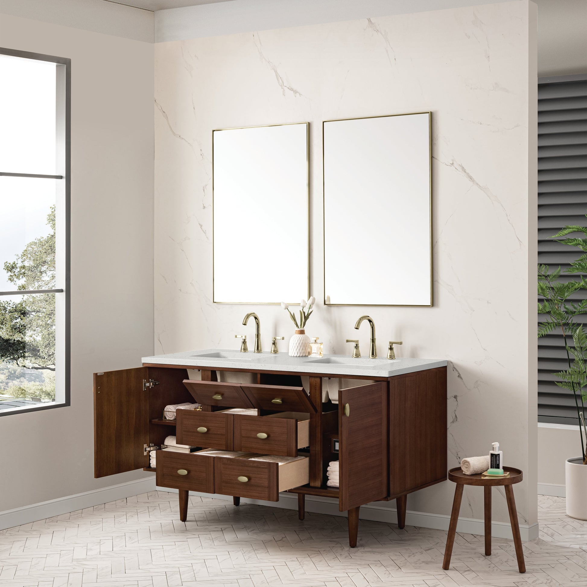 James Martin Vanities Amberly 60" Mid-Century Walnut Double Vanity With 3 cm Lime Delight Top