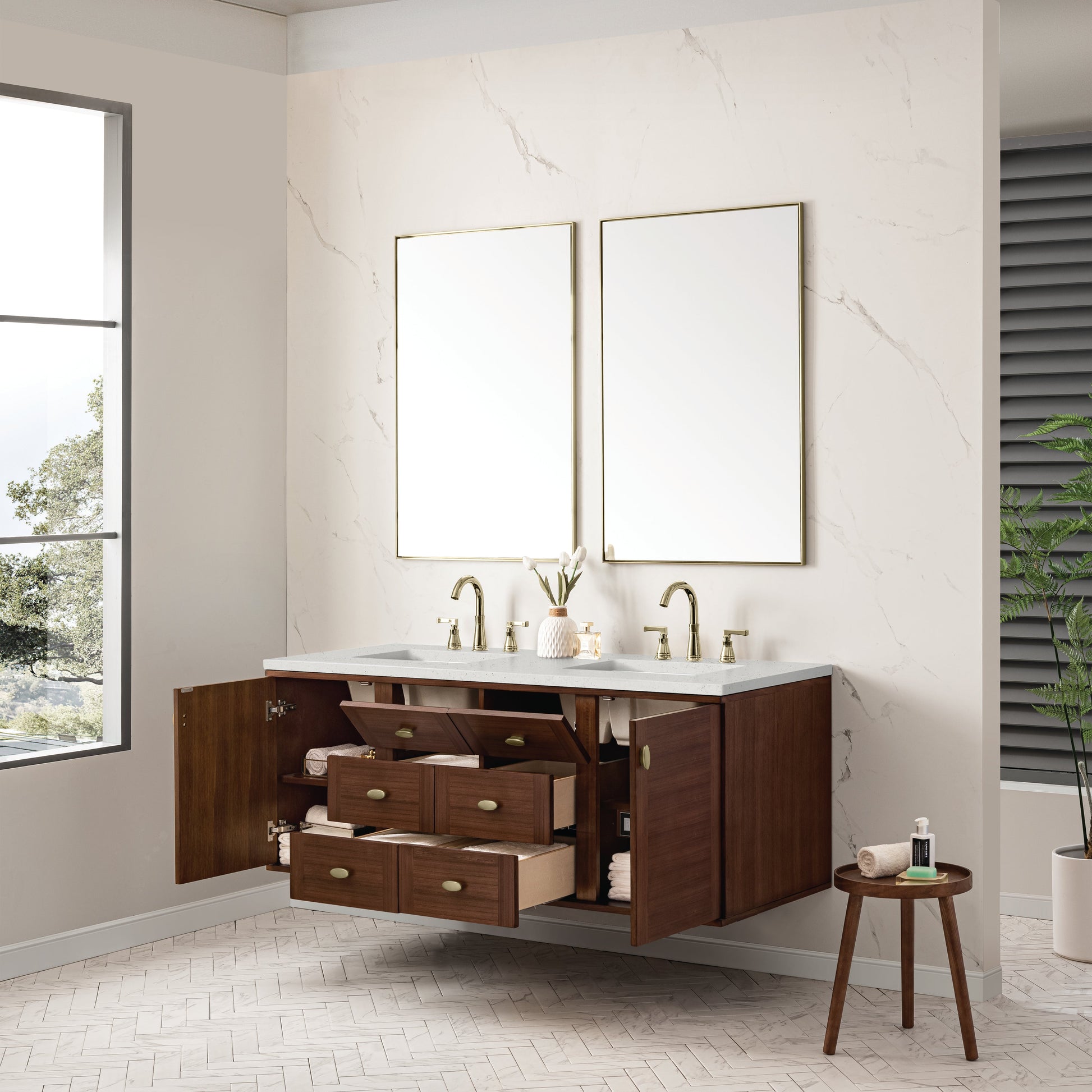 James Martin Vanities Amberly 60" Mid-Century Walnut Double Vanity With 3 cm Lime Delight Top