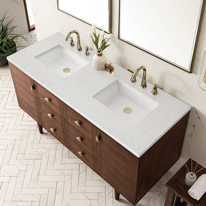 James Martin Vanities Amberly 60" Mid-Century Walnut Double Vanity With 3 cm Lime Delight Top