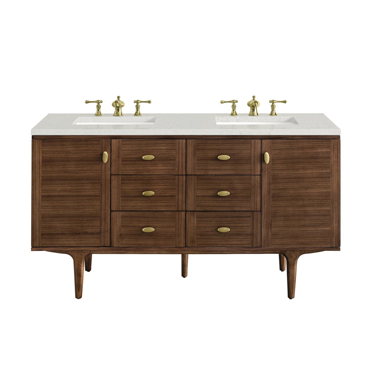 James Martin Vanities Amberly 60" Mid-Century Walnut Double Vanity With 3 cm Lime Delight Top