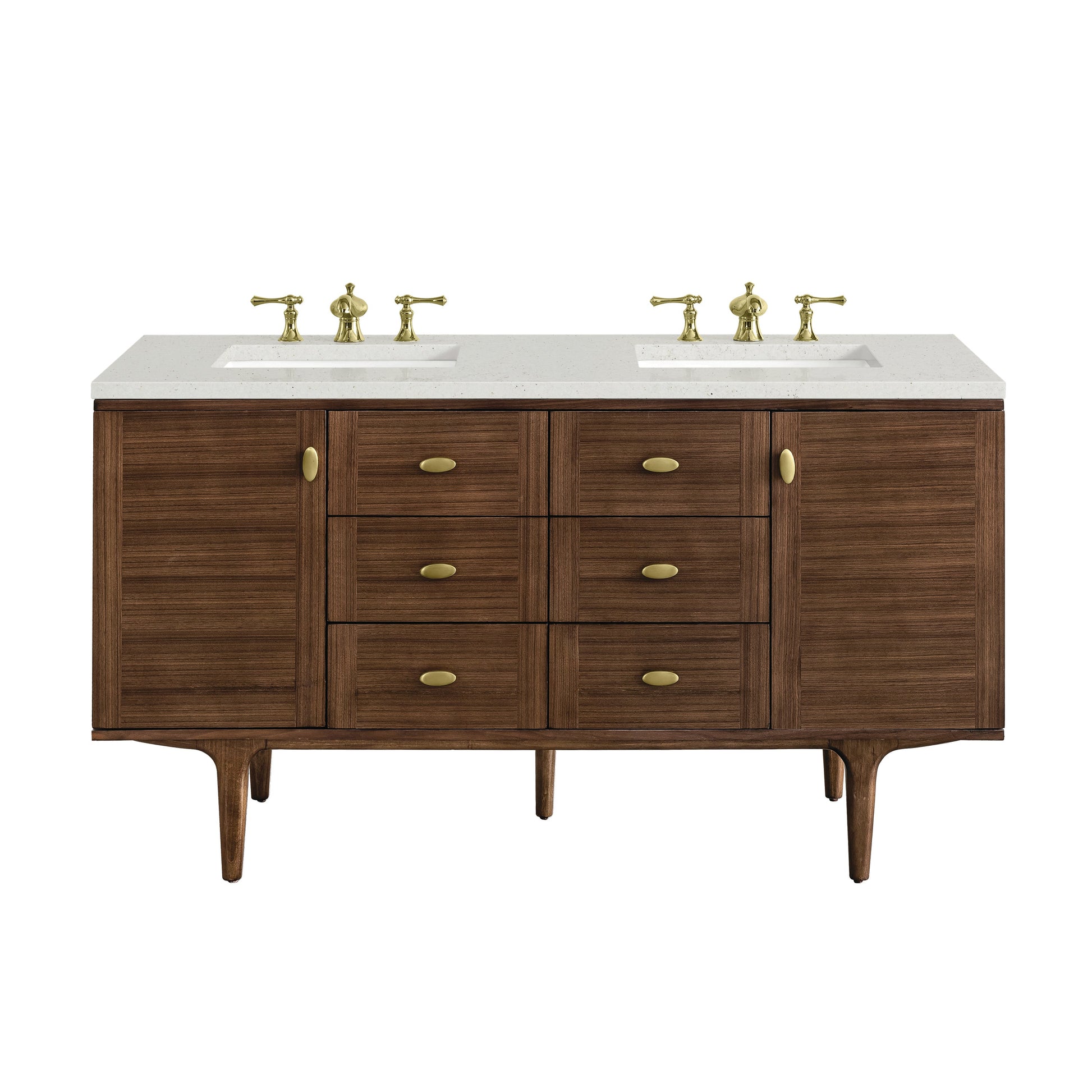 James Martin Vanities Amberly 60" Mid-Century Walnut Double Vanity With 3 cm Lime Delight Top