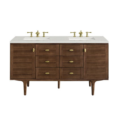 James Martin Vanities Amberly 60" Mid-Century Walnut Double Vanity With 3 cm Lime Delight Top