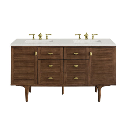 James Martin Vanities Amberly 60" Mid-Century Walnut Double Vanity With 3 cm Lime Delight Top