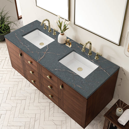 James Martin Vanities Amberly 60" Mid-Century Walnut Double Vanity With 3 cm Parisien Bleu Top