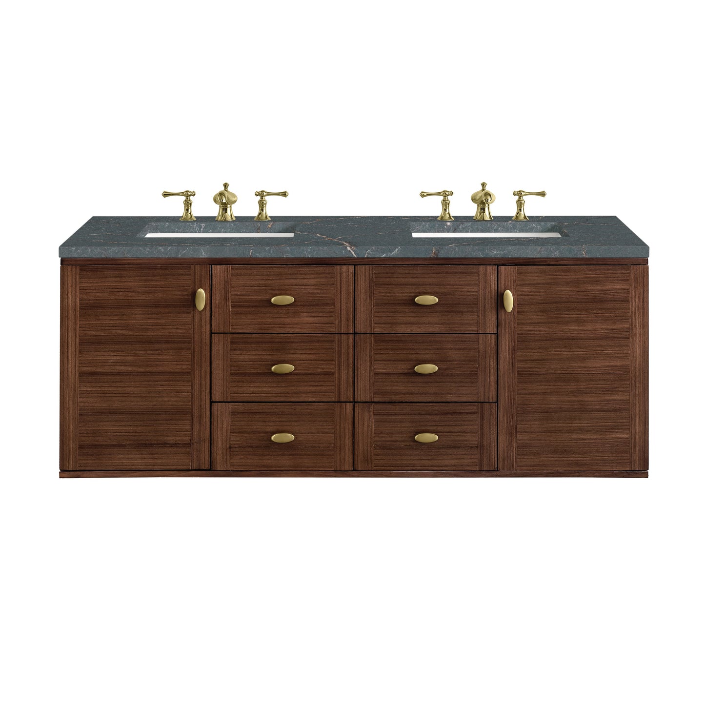 James Martin Vanities Amberly 60" Mid-Century Walnut Double Vanity With 3 cm Parisien Bleu Top