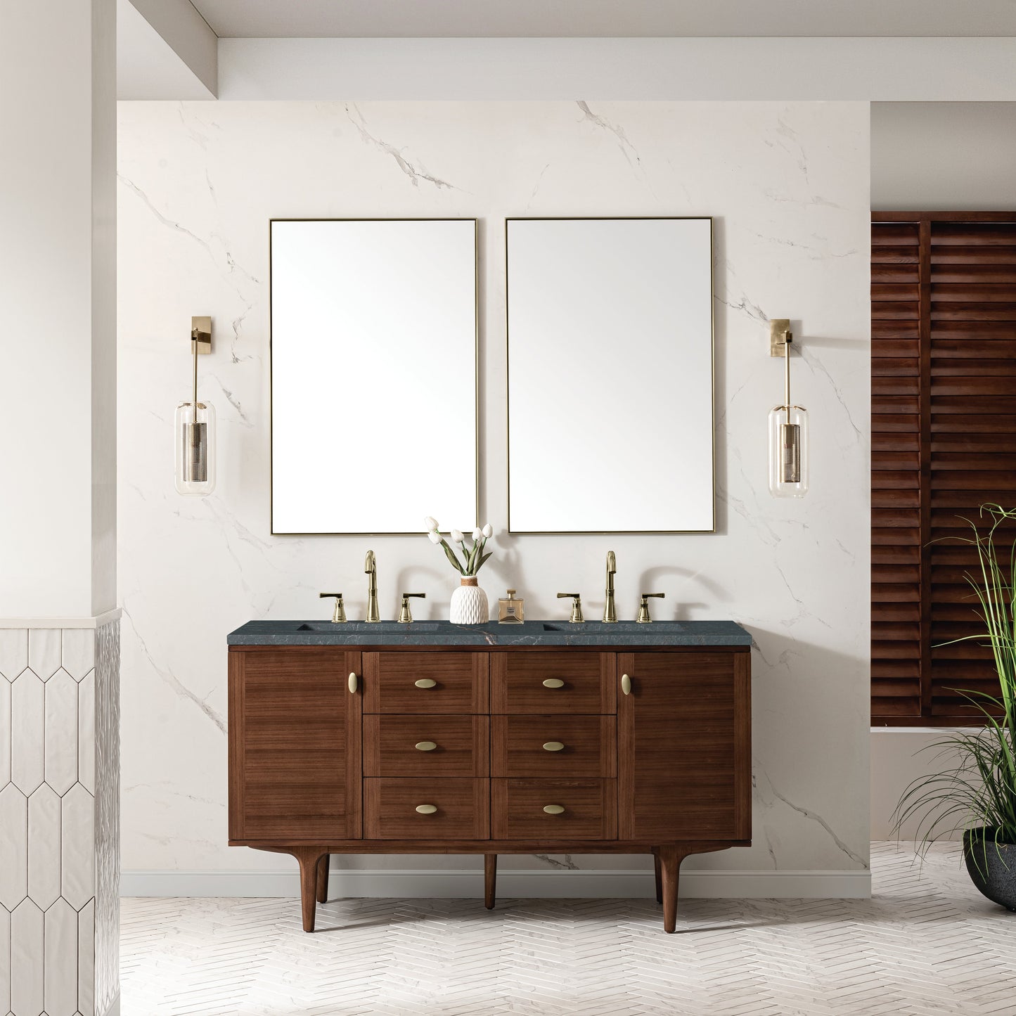 James Martin Vanities Amberly 60" Mid-Century Walnut Double Vanity With 3 cm Parisien Bleu Top