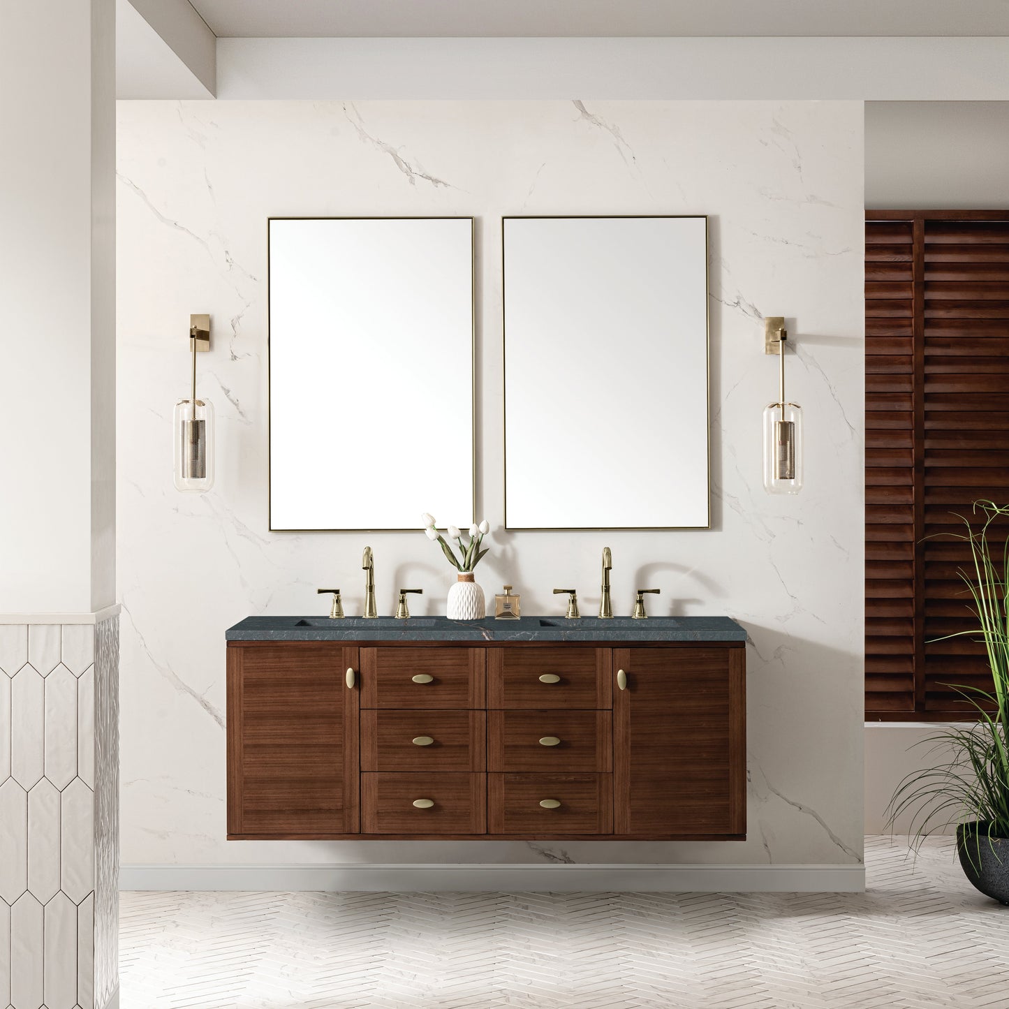 James Martin Vanities Amberly 60" Mid-Century Walnut Double Vanity With 3 cm Parisien Bleu Top