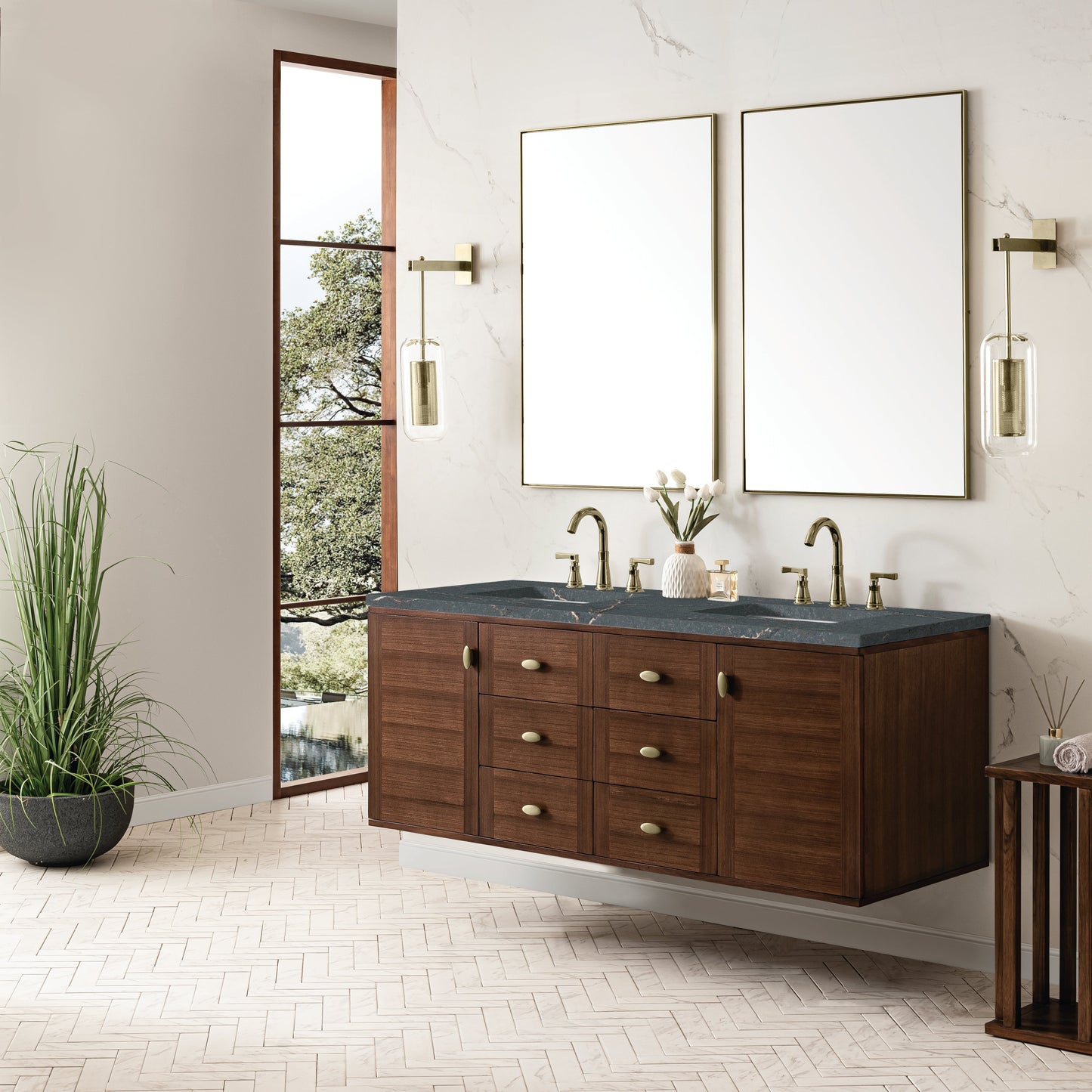 James Martin Vanities Amberly 60" Mid-Century Walnut Double Vanity With 3 cm Parisien Bleu Top