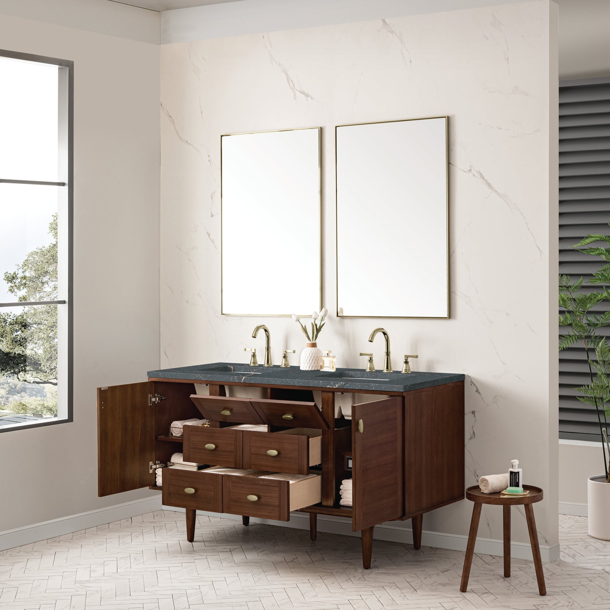 James Martin Vanities Amberly 60" Mid-Century Walnut Double Vanity With 3 cm Parisien Bleu Top