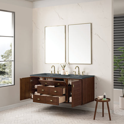 James Martin Vanities Amberly 60" Mid-Century Walnut Double Vanity With 3 cm Parisien Bleu Top