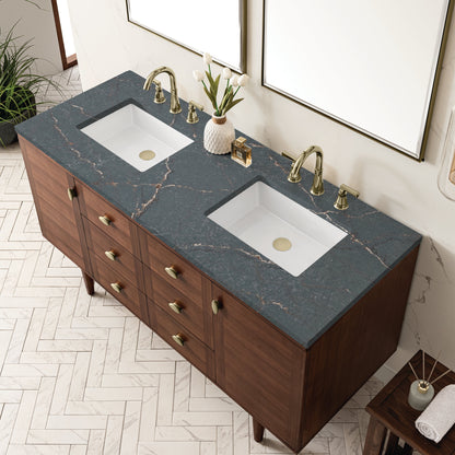 James Martin Vanities Amberly 60" Mid-Century Walnut Double Vanity With 3 cm Parisien Bleu Top