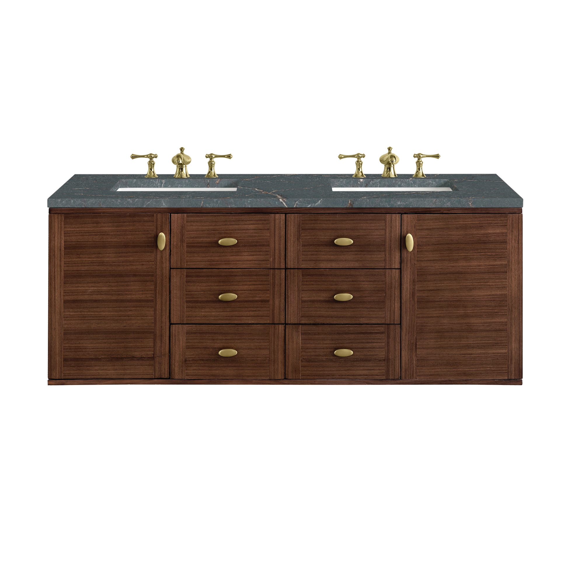 James Martin Vanities Amberly 60" Mid-Century Walnut Double Vanity With 3 cm Parisien Bleu Top and FreePower Wireless Charger