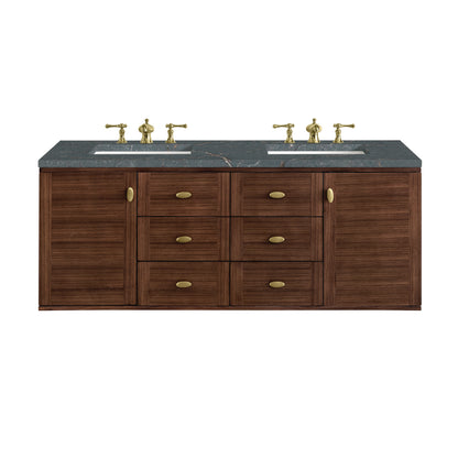 James Martin Vanities Amberly 60" Mid-Century Walnut Double Vanity With 3 cm Parisien Bleu Top and FreePower Wireless Charger