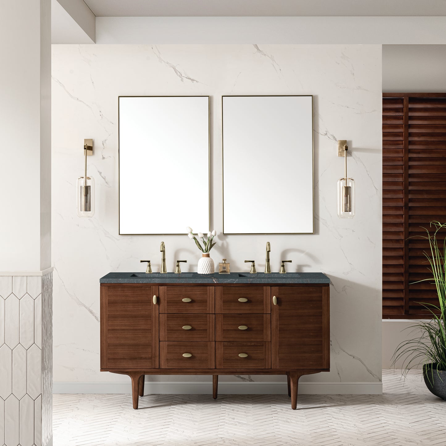 James Martin Vanities Amberly 60" Mid-Century Walnut Double Vanity With 3 cm Parisien Bleu Top and FreePower Wireless Charger