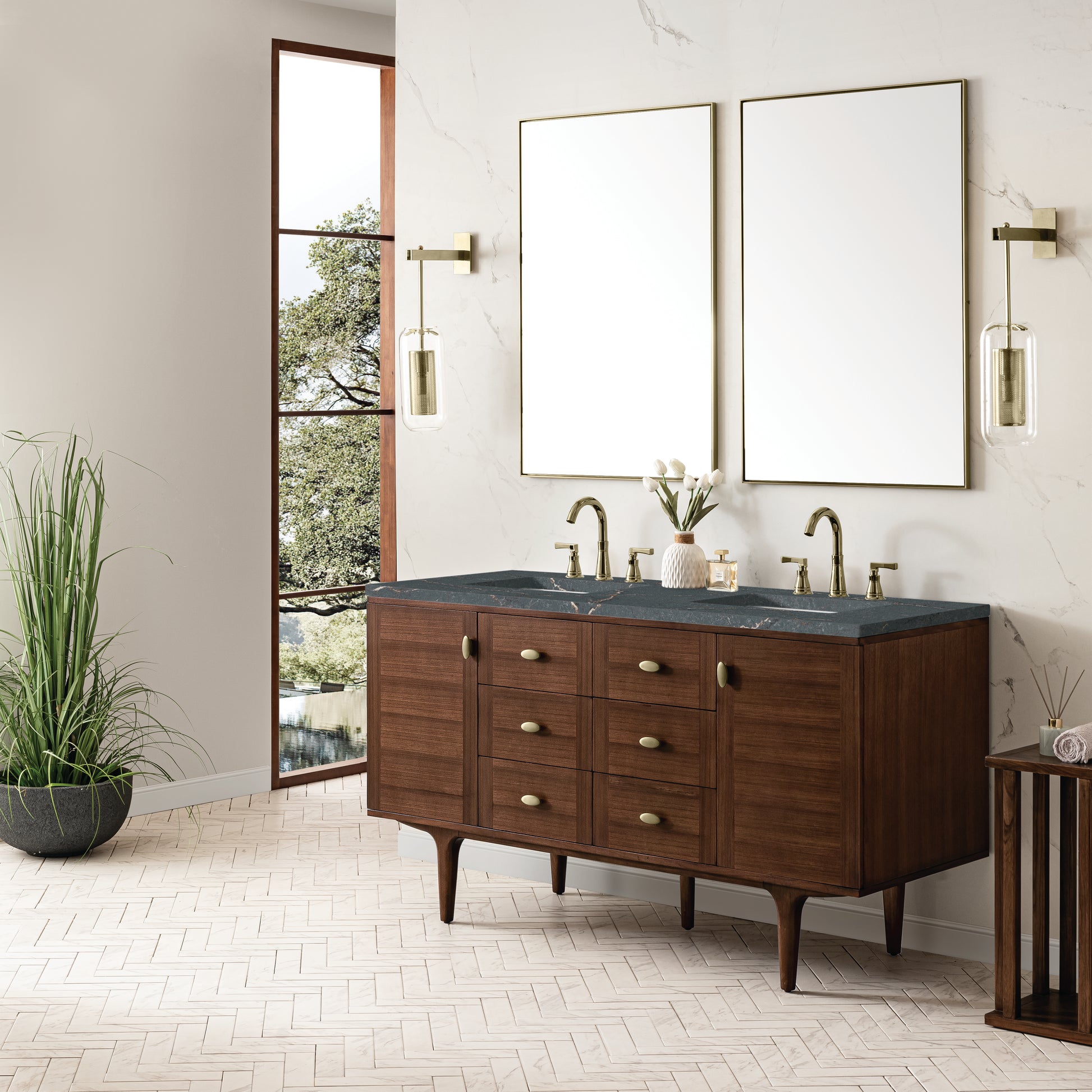 James Martin Vanities Amberly 60" Mid-Century Walnut Double Vanity With 3 cm Parisien Bleu Top and FreePower Wireless Charger