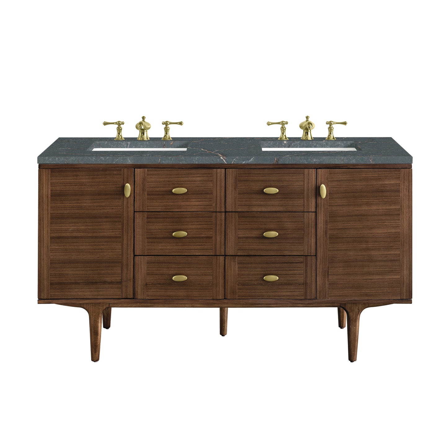 James Martin Vanities Amberly 60" Mid-Century Walnut Double Vanity With 3 cm Parisien Bleu Top and FreePower Wireless Charger