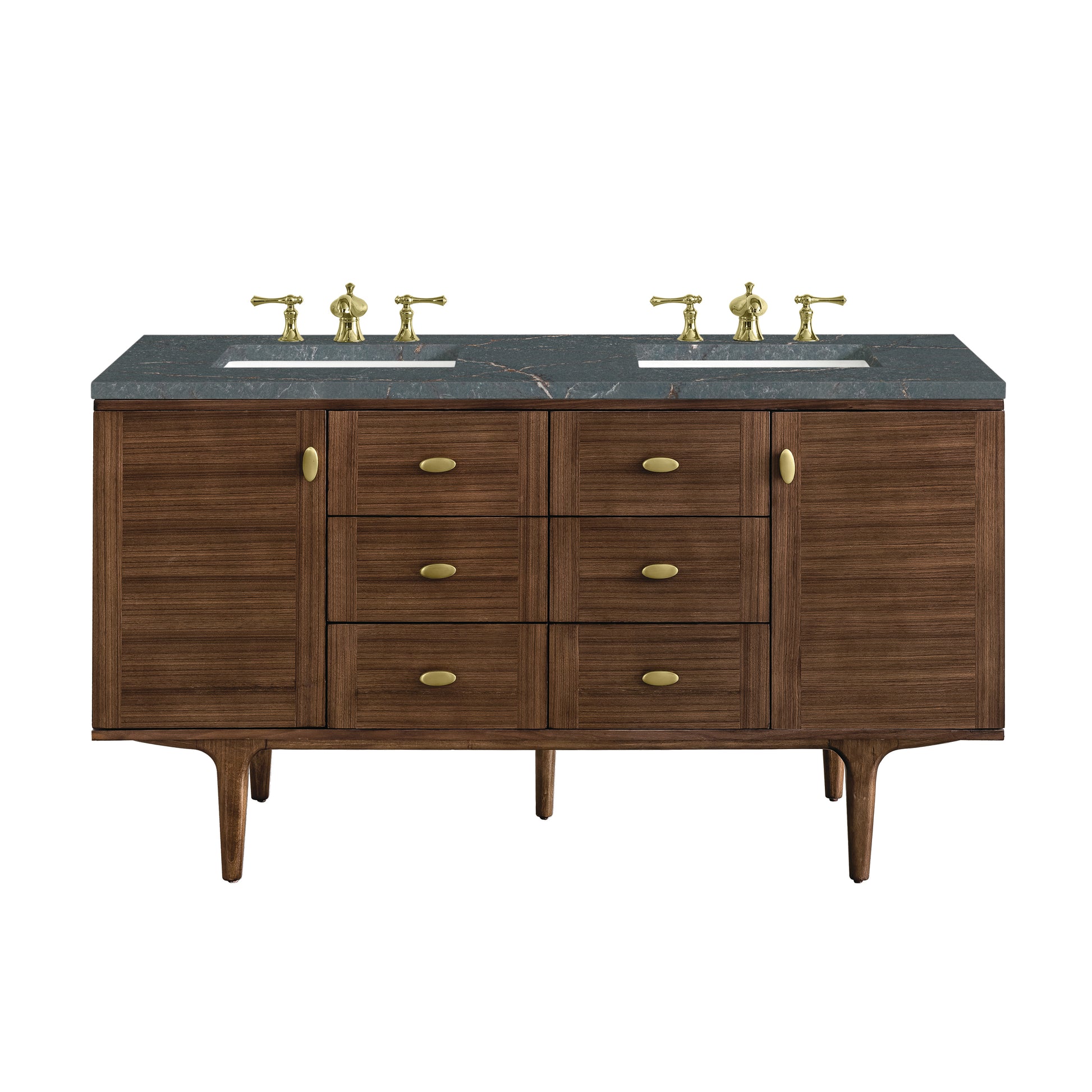 James Martin Vanities Amberly 60" Mid-Century Walnut Double Vanity With 3 cm Parisien Bleu Top and FreePower Wireless Charger