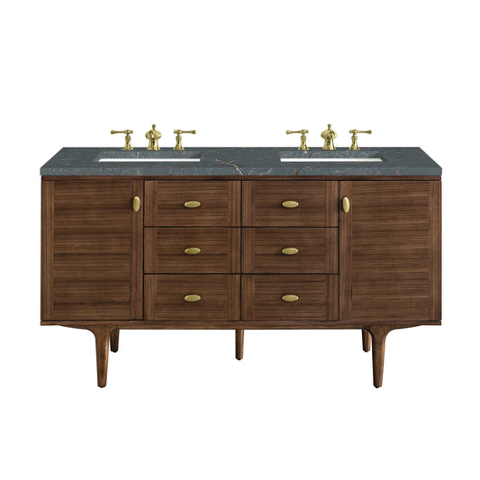 James Martin Vanities Amberly 60" Mid-Century Walnut Double Vanity With 3 cm Parisien Bleu Top and FreePower Wireless Charger