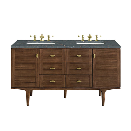 James Martin Vanities Amberly 60" Mid-Century Walnut Double Vanity With 3 cm Parisien Bleu Top