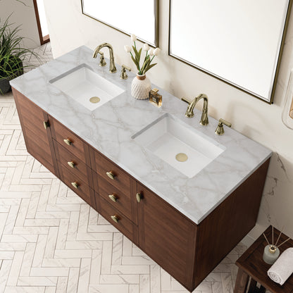 James Martin Vanities Amberly 60" Mid-Century Walnut Double Vanity With 3 cm Victorian Silver Top