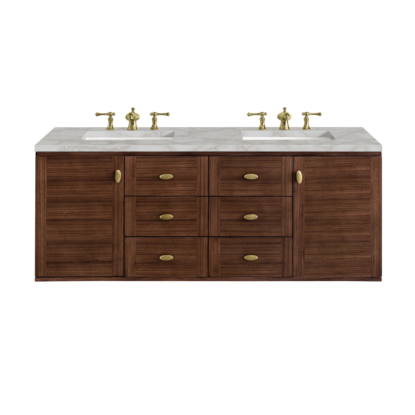 James Martin Vanities Amberly 60" Mid-Century Walnut Double Vanity With 3 cm Victorian Silver Top