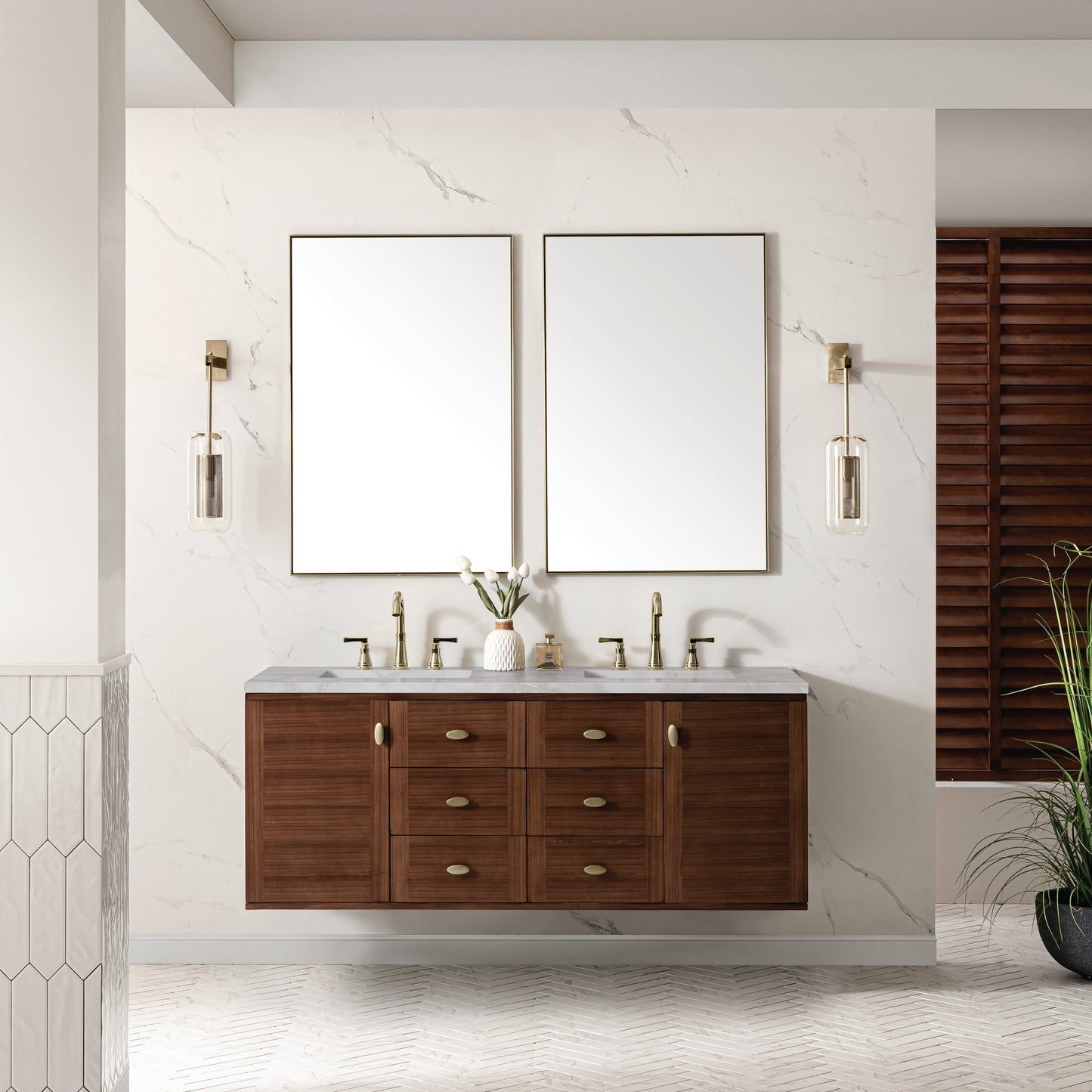 James Martin Vanities Amberly 60" Mid-Century Walnut Double Vanity With 3 cm Victorian Silver Top