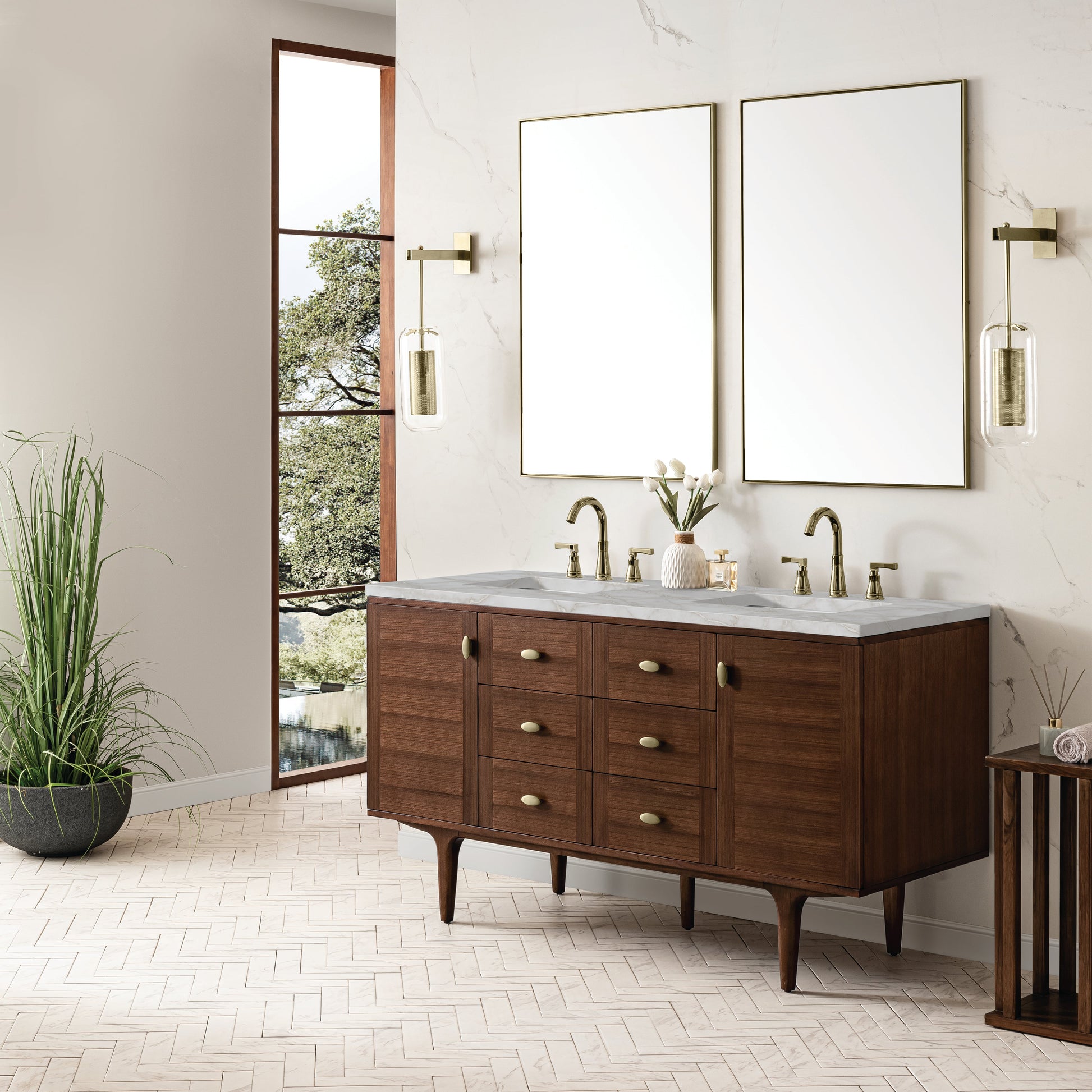 James Martin Vanities Amberly 60" Mid-Century Walnut Double Vanity With 3 cm Victorian Silver Top