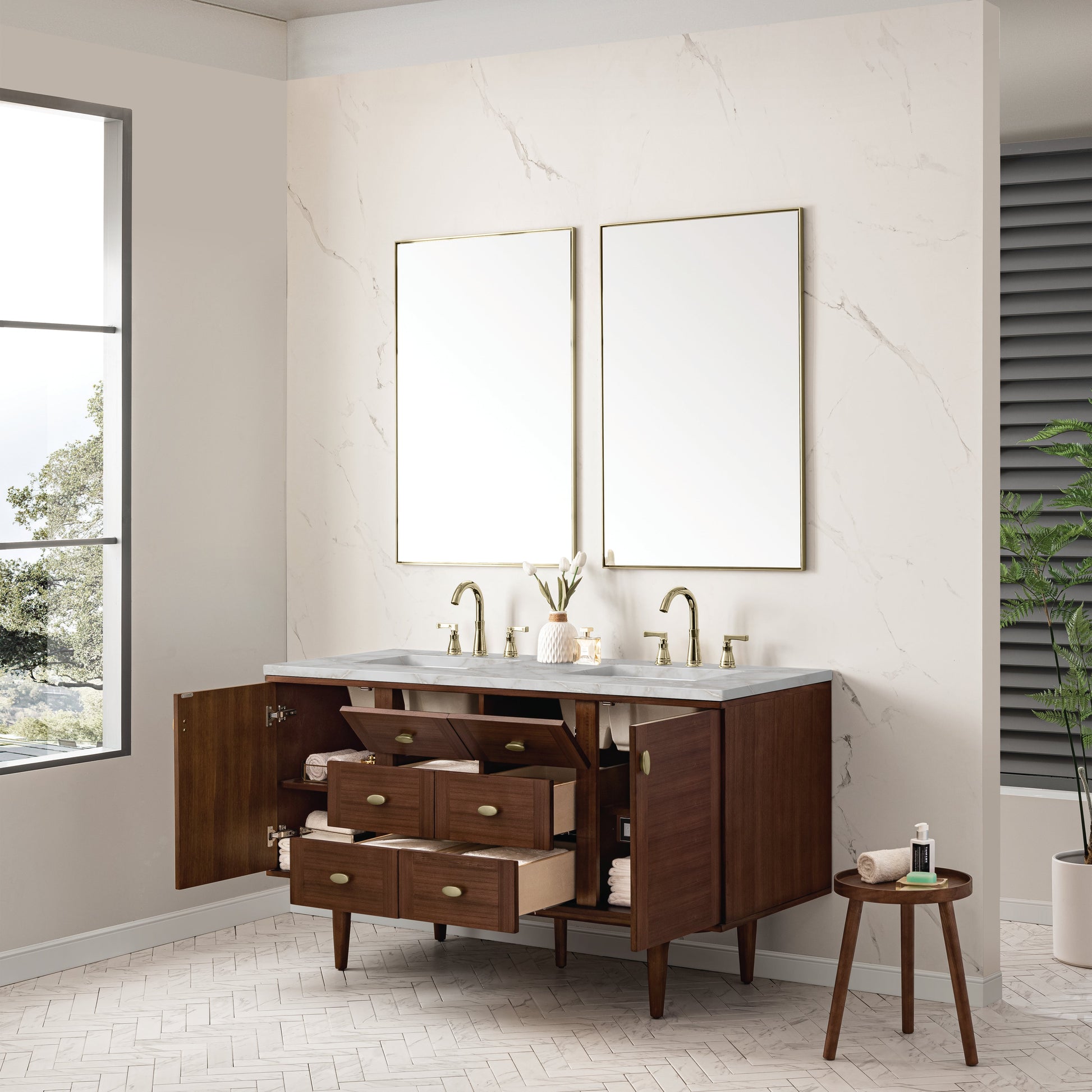 James Martin Vanities Amberly 60" Mid-Century Walnut Double Vanity With 3 cm Victorian Silver Top