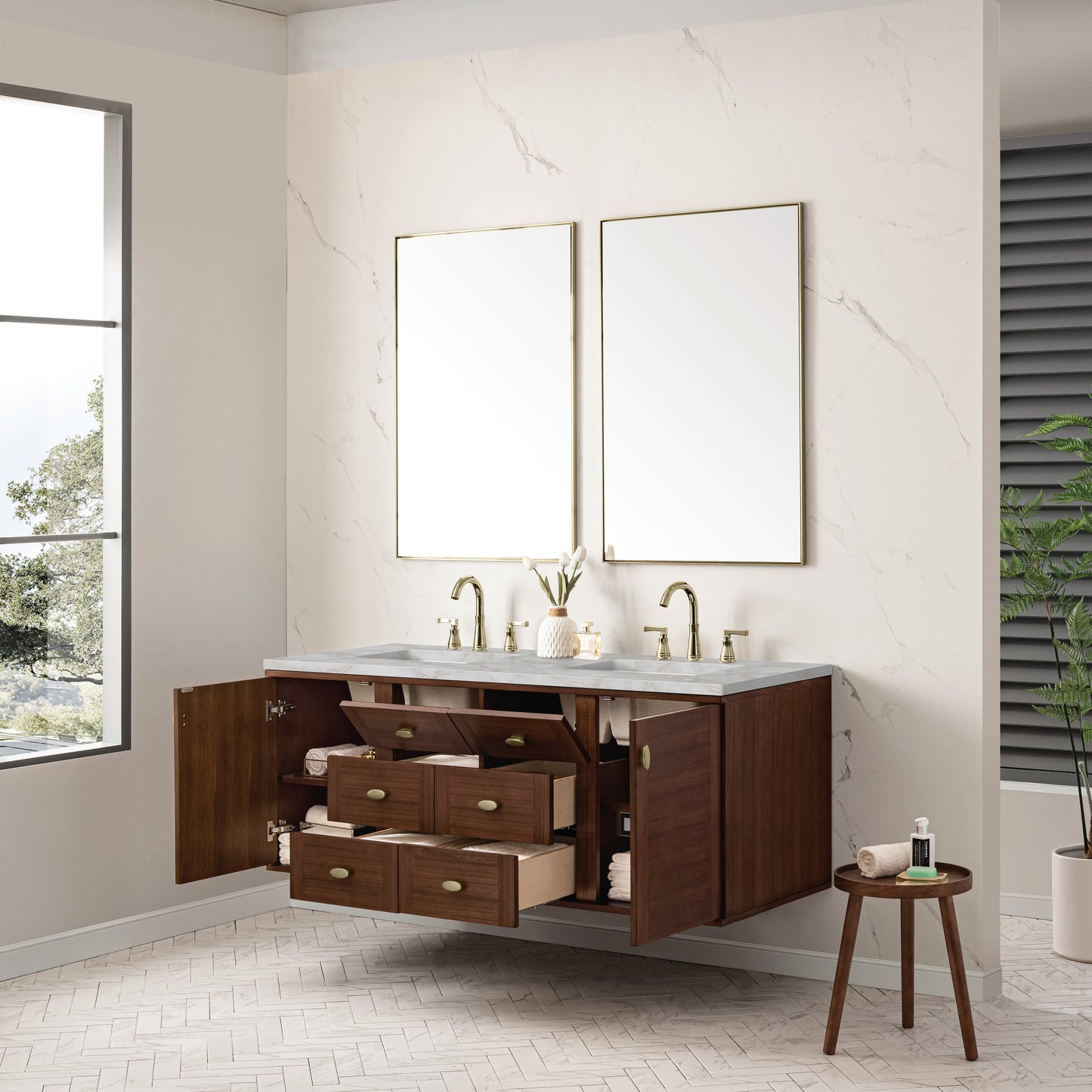 James Martin Vanities Amberly 60" Mid-Century Walnut Double Vanity With 3 cm Victorian Silver Top