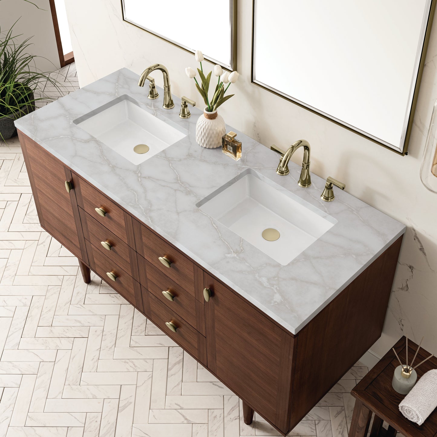 James Martin Vanities Amberly 60" Mid-Century Walnut Double Vanity With 3 cm Victorian Silver Top