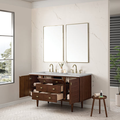 James Martin Vanities Amberly 60" Mid-Century Walnut Double Vanity With 3 cm Victorian Silver Top and FreePower Wireless Charger