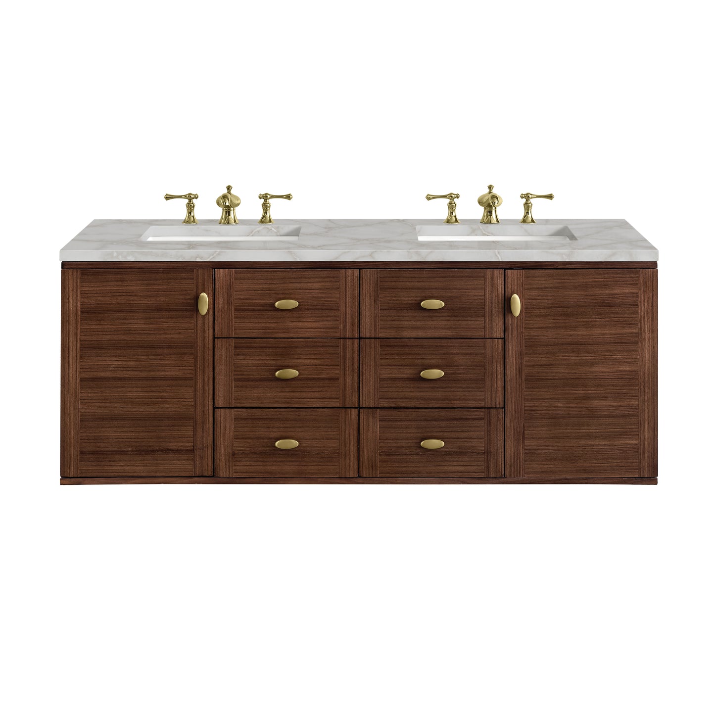James Martin Vanities Amberly 60" Mid-Century Walnut Double Vanity With 3 cm Victorian Silver Top and FreePower Wireless Charger