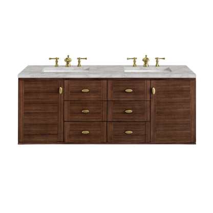 James Martin Vanities Amberly 60" Mid-Century Walnut Double Vanity With 3 cm Victorian Silver Top and FreePower Wireless Charger
