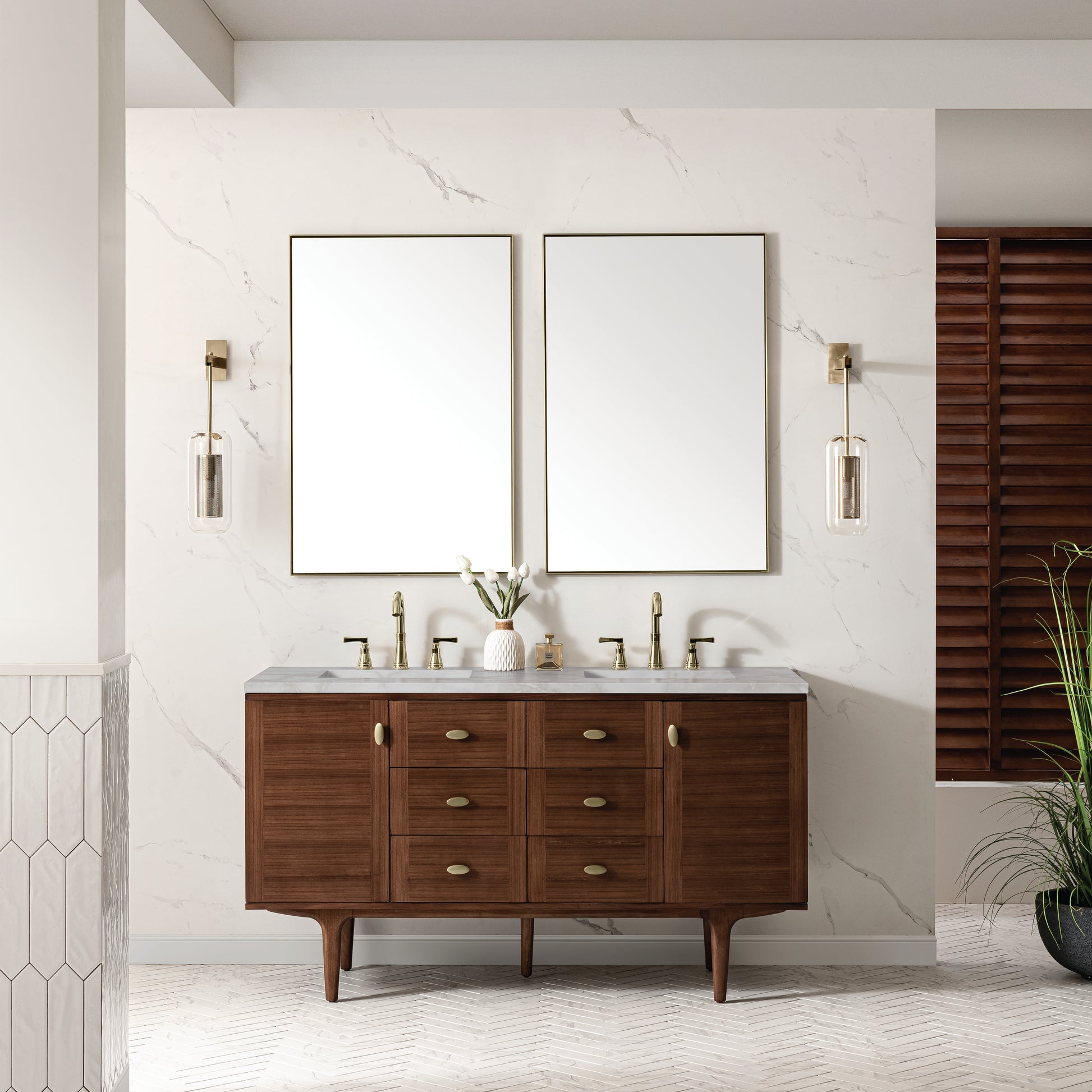 James Martin Vanities Amberly 60" Mid-Century Walnut Double Vanity With 3 cm Victorian Silver Top and FreePower Wireless Charger