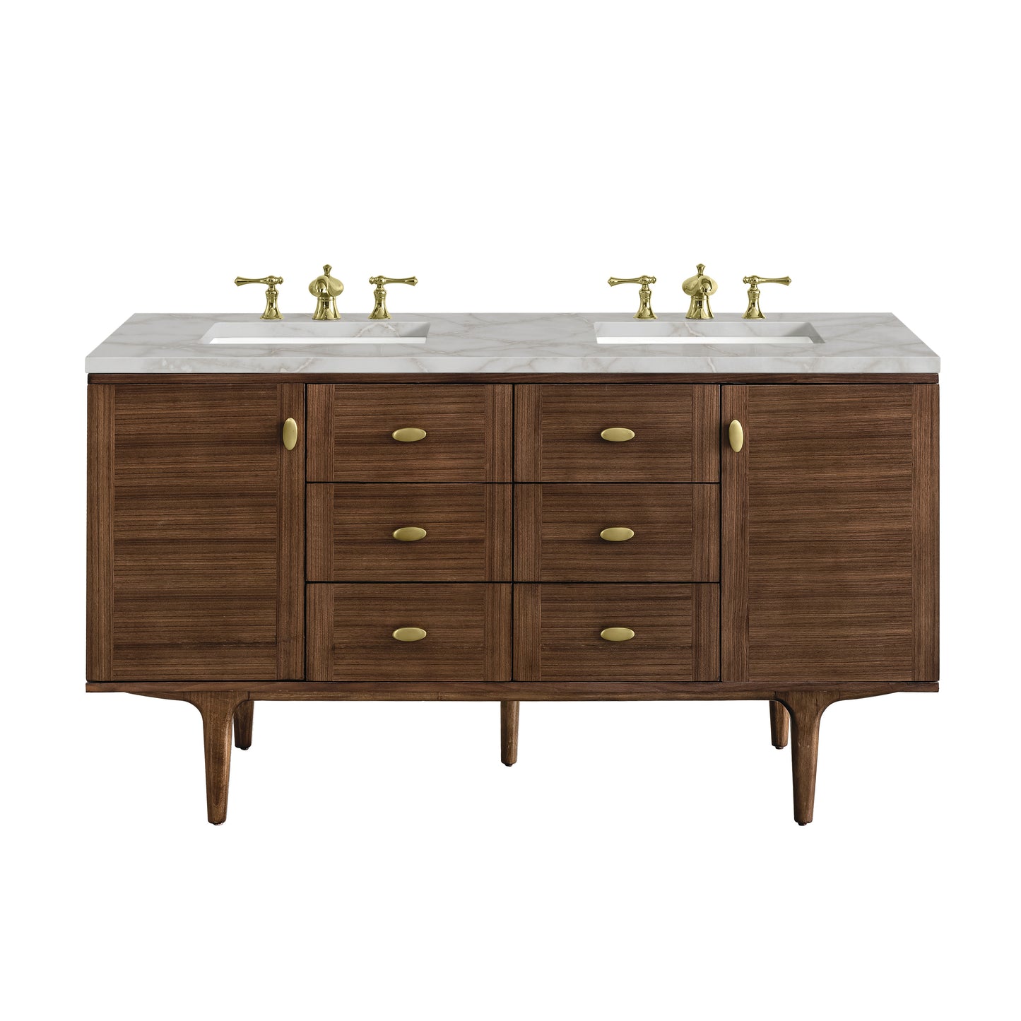 James Martin Vanities Amberly 60" Mid-Century Walnut Double Vanity With 3 cm Victorian Silver Top and FreePower Wireless Charger